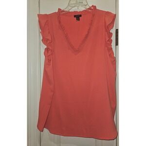 Ruffle Sleeve Blouse Coral Sleeveless Top Ruffled Neckline Casual Size L